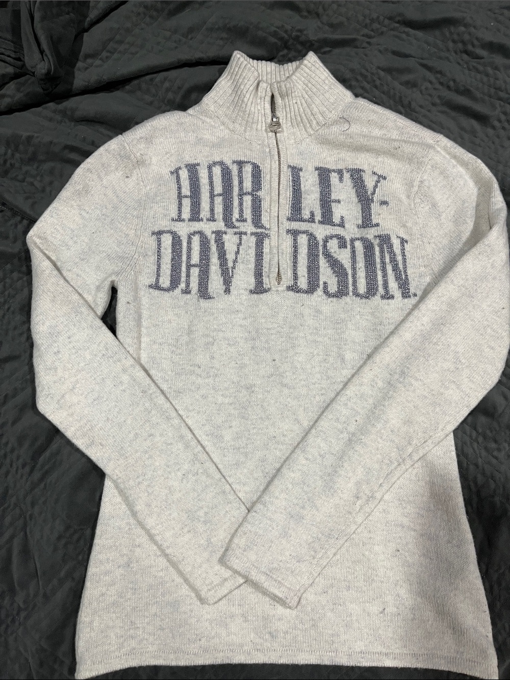 Harley-Davidson Light Gray Half-Zip Cowl Neck Sweater with Navy Logo